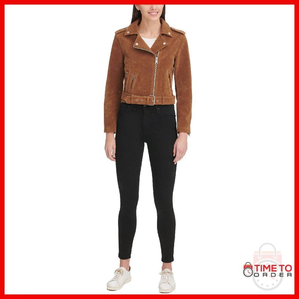 Faux Leather Motorcycle Jacket with Belt, Asymmetrical Zipper, Adjustable Cuffs